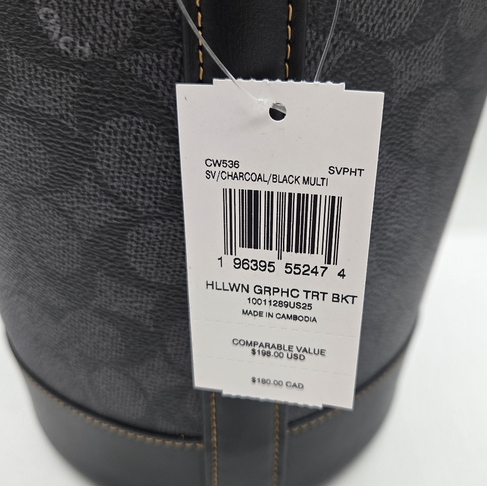 Coach Halloween Bucket Tote Bag C Logo AOP Cat & Moon Stars CW536 Black & Gray - Picture 5 of 9